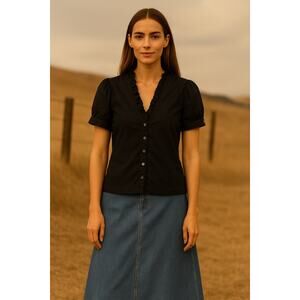 Frame Ruffle Neck Shirt Sleeve Cotton Blouse Black Whimsygoth Large Victorian